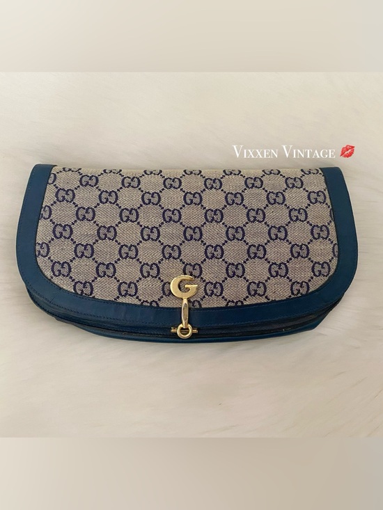 Gucci Handbags - VINTAGE 1960’S GUCCI LEATHER GG MONOGRAM JACQUARD CLUTCH IN NAVY